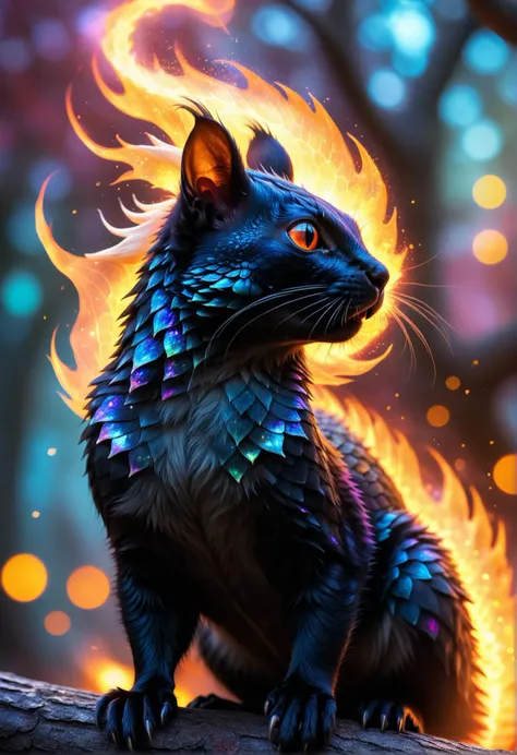 ethereal fantasy concept art of  fire aura, vibrant colors, [black cat squirrel made of explosive crackling energy aura] dragon scales, hybrid animal, bokeh, high detail, 8k resolution . magnificent, celestial, ethereal, painterly, epic, majestic, magical, fantasy art, cover art, dreamy