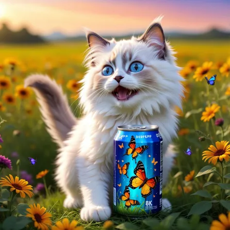 cute derp ragdoll kitten, happy, sprite can best quality, high quality, 8k, vibrant colors, fantastical, epic, unique ,beautiful field, butterflies