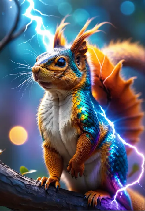 ethereal fantasy concept art of  lightning aura, vibrant colors, [squirrel made of lightning crackling energy aura|snake head] scales, hybrid animal, bokeh, high detail, 8k resolution . magnificent, celestial, ethereal, painterly, epic, majestic, magical, fantasy art, cover art, dreamy