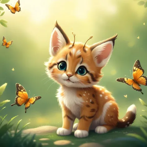 Cute kitten being cute butterflies, deers<lora:Style_soph-IllustriousStorybook-SDXL:0.8> c0l0r, digital storybook illustration, textured brushwork, sharp focus, low detail, blurry foreground, 8k resolution, text hang in there