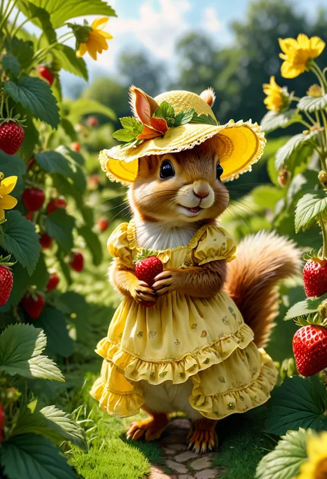 A cute squirrel wearing a frilly yellow sun dress, wearing a yellow wide brim hat, standing in a strawberry field, uhd, amazing details, beautiful lighting <lora:detailed_notrigger:1> <lora:MJ52:0.3> <lora:SDXLFaeTastic2400:0.5>