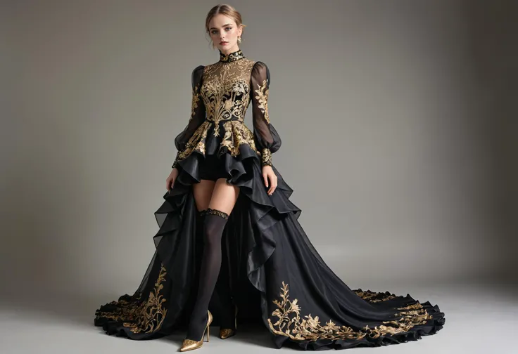 ((Organza Ballgown)), Midnight black, (High-neck with gold filigree), Peplum bodice, (Front zipper), Cascading ruffles skirt, Sweep train.,BREAK, ((Organza Juliet Sleeves)), Integrated, (Gossamer touch), High neck transitioning into the bodice, Gold-beaded cuffs.,BREAK, ((Velvet Stockings)), Onyx, Over-the-knee, Gold brocade top band, (Royal shimmer),BREAK,((Suede Ankle Booties)), Ebony, (High neck with golden embroidery), Side zipper, Star-studded chunky heel