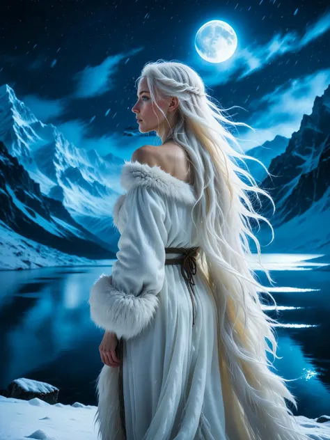 pale woman with absurdly long white hair wearing fur garb standing on a shore of a blue fluorescent lake surrounded by snowy mountains under bright night sky with a marble moon during windy snowstorm, blizzard
, from behind, back, , volumetric lighting, depth of field, cinematic shot, vibrant, detailed, dramatic light