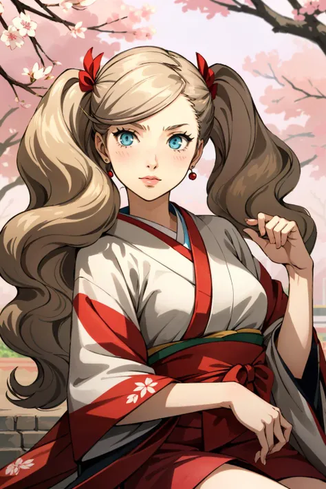 ((masterpiece, best quality))
<lora:Persona5AnnTakamaki:0.8>
Persona5AnnTakamaki, 1girl, solo, twintails, blue eyes, blonde hair, blush, in a traditional kimono, surrounded by cherry blossoms, one hand on the thigh