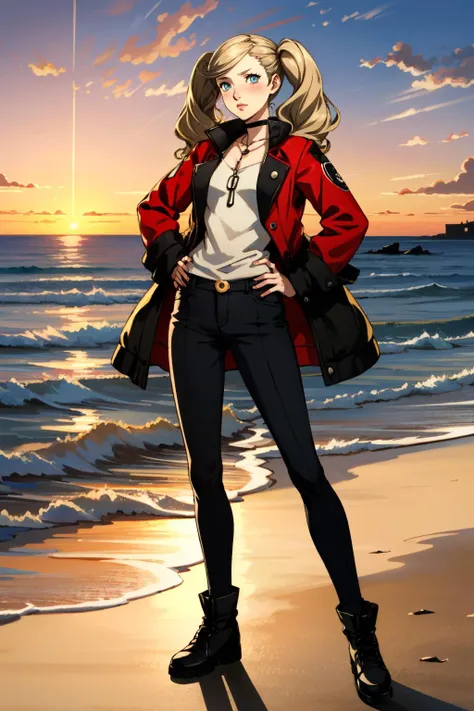 ((masterpiece, best quality))
<lora:Persona5AnnTakamaki:0.8>
Persona5AnnTakamaki, 1girl, solo, twintails, blue eyes, blonde hair, blush, Standing on a cliff by the sea, the sunset in the background, full body, with hands on hips