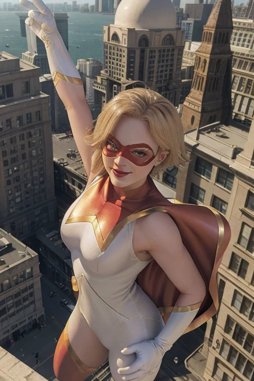 Ryan Ripley, artist name, blonde hair, bodysuit, breasts, building, cape, city, cityscape, clenched hand, cloud, domino mask, elbow gloves, flying, from above, gloves, lips, lipstick, looking at viewer, makeup, mask, red eyes, red lips, short hair, signature, smile, superhero, white gloves, <lora:EMS-51648-EMS:0.800000>