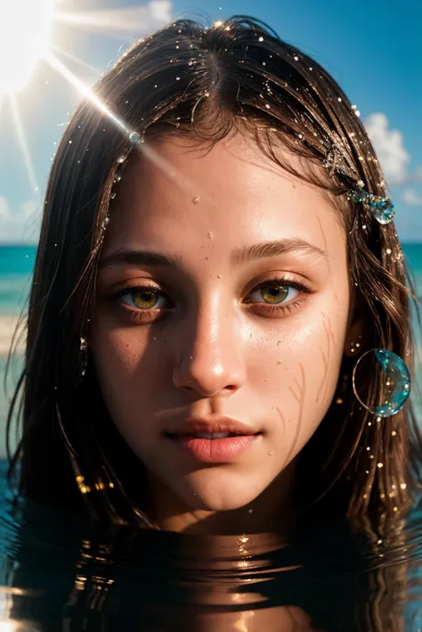 award winning photo (closeup portrait of DV_Maxine_Vicious posing in the turquoise ocean) 35mm, F/2.8, insanely detailed and intricate, character, hypermaximalist, elegant, ornate, beautiful, exotic, revealing, appealing, attractive, amative, hyper realistic, super detailed, (lens Flares, water reflections, spray:1.4) god rays, looking lustful at the viewer