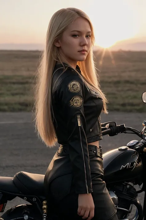 ((CINEMATIC SHOT)) (shot by Denis Villeneuve:1.4)(35mm, F/2.8) (DV_Kim_Vicious_V2 has long blonde hair on a motorbike riding on an air field into the sunset)
(wearing biker gear) (Sun from the side, lights and shadows on her body, lens flare)
(insanely detailed and intricate, character, hypermaximalist, elegant, ornate, beautiful, exotic, revealing, appealing, attractive, amative, hyper realistic, super detailed, trending on flickr)