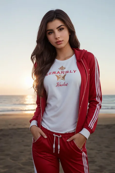 (Art Photography, Award Winning) (DV_Clarissa_Vicious is walking at Santa Monica Pier in a red track suit), by Steve McCurry, 35mm, F/2.8, ((Photo Focus, DOF, Aperture, insanely detailed and intricate, character, hypermaximalist, elegant, ornate, beautiful, exotic, revealing, appealing, attractive, amative, hyper realistic, super detailed, heresy flares))(DOF, blurry background, sunset background)Lens Flare, Heresy flare