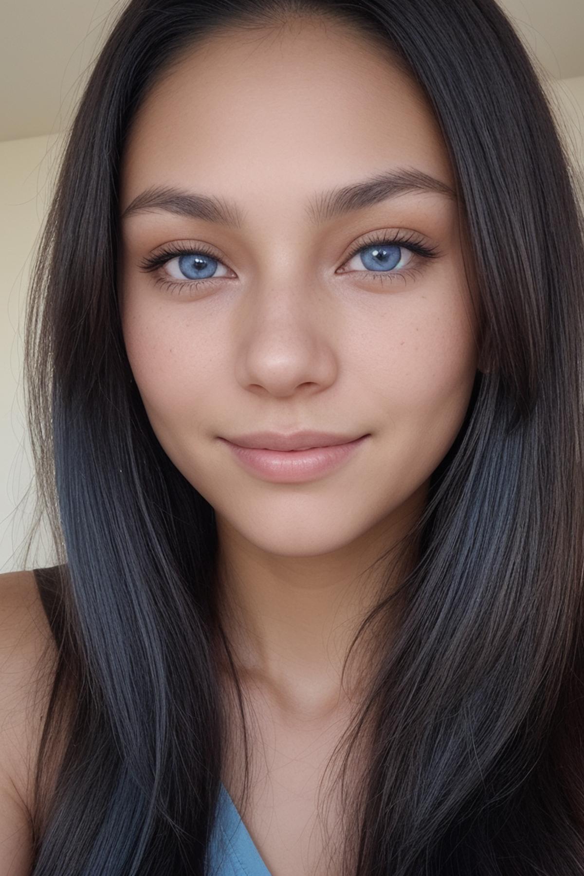 A close up of a woman with long hair and blue eyes - SeaArt AI