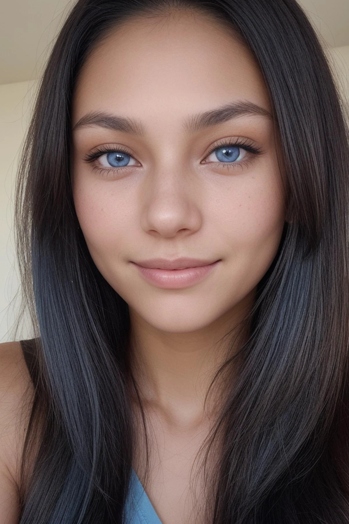 (close-up face portrait:1.4) tanned girl 19 years old:1.2) with the name TamaraJane, with very very long legs, long black hair, skinny body, very tiny waist, (abs:0.7), small chest, small hips, small boobs, (blue eyes:1.3), (in her bed), with a smile