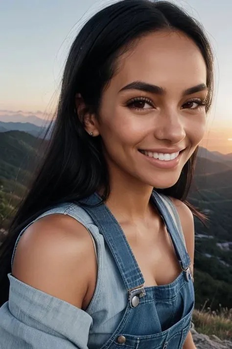 (close-up face portrait:1.4) tanned girl with long black hair, skinny and fit body,wearing short denim overalls, on top of a mountain at sunset, smiling