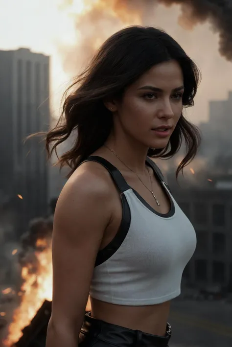 ((CINEMATIC ACTION SHOT)) close-up (shot by Michael Bay:1.4)(35mm, F/2.8) (Latina supermodel is a movie star, leather pants, dirty white tank top, boots) (burning city) (explosions background, jumping from a burning building, lens flare) (insanely detailed and intricate, character, hypermaximalist, elegant, ornate, beautiful, exotic, revealing, appealing, attractive, amative, hyper realistic, super detailed, trending on flickr)(close-up) lens flare, destruction, halo, burn effects , mouth open