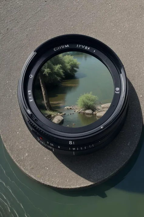 a photo of a camera's lens, showing the river appears as a tranquil masterpiece waiting to be captured, highly detailed, 8k, intricate, sharp focused