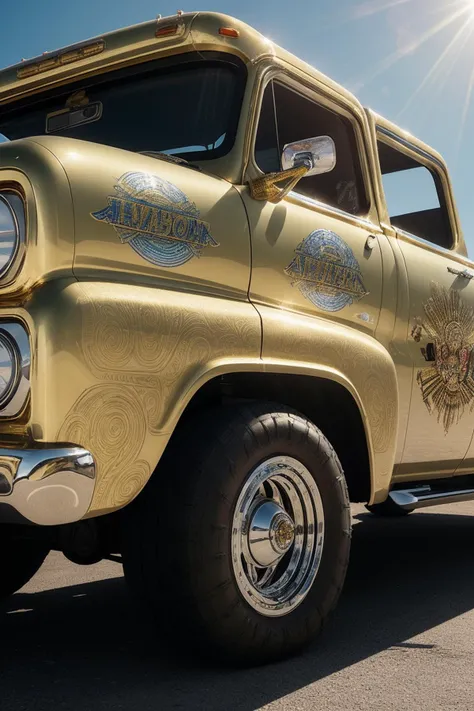 full wide view of a (lowrider truck adorned with intricate engraved patterns and covered with many murals, colors chrome with gold and blue) and (a skinny and fit female latina in a golden bikini), highly detailed, 8k, lens flares