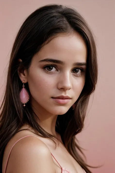 photo of (abapt1sta-135:0.99), a woman, perfect hair, posing, (modern photo, black dress), (closeup portrait), earrings, 24mm, (tintype), (analog, cinematic, film grain:1.3), ((plain Flamingo Pink background, gradient)), ((detailed eyes)), (epicPhoto), (color picture:1.1)