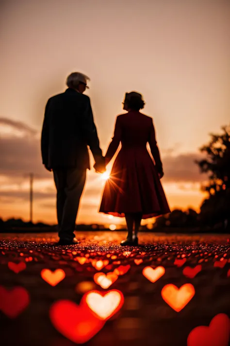 <lora:Valentine_v1:.0.7> romantic sunset with an old couple holding hands, hearts and glitter, depth of field, light particles, lens flare, blurry background, cinematic, red theme, romantic, valentine, love, abstract