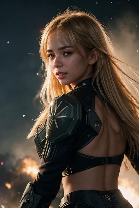 ((CINEMATIC ACTION SHOT)) (shot by Michael Bay:1.4)(35mm, F/2.8) long blonde messy hair, DV_Dolly_Vicious is starring in a sci-fi movie, epic battle in outer space) (burning city) (explosions background, jumping from a burning building, lens flare) (insanely detailed and intricate, character, hypermaximalist, elegant, , beautiful, exotic, revealing, appealing, attractive, amative, hyper realistic, super detailed, trending on flickr) lens flare, destruction, halo, burn effects , mouth open , heresy flare