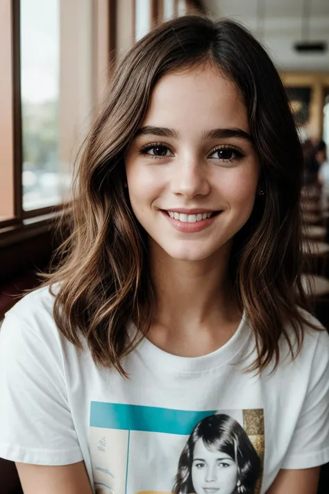 photo of (abapt1sta-135:0.99), a woman, perfect hair, posing, (modern photo, Graphic Tee, Wide-leg Capris), (closeup portrait), jewelry, 24mm, (analog, cinematic, film grain:1.3), (in a restaurant), ((detailed eyes)), (epicPhoto), (color picture:1.1), (smiling)