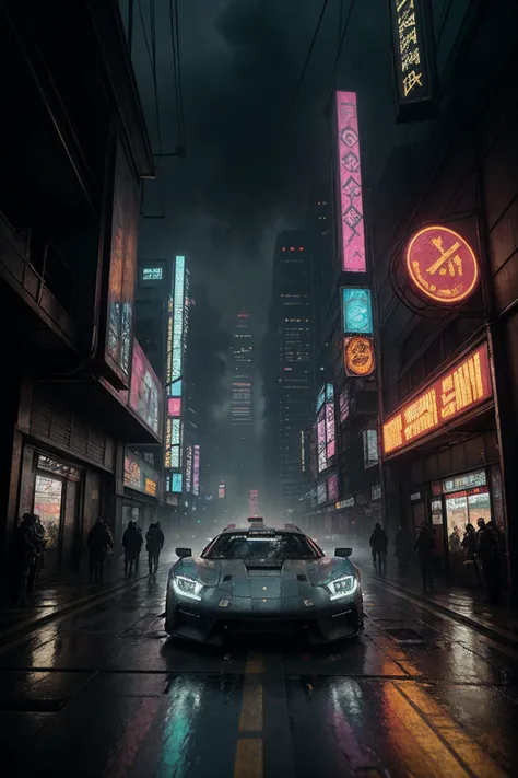 abstract colors, texture, film grain:0. 1 intricate close up dramatic portrait of a (cyberpunk)1. 2 car standing on a rainy bustling crowded cyberpunk city street, ultra realistic texture, foggy morning, cinematic movie still frame, gtr, altered carbon, (analog style)1. 3 (film grain)1. 3, stephan martiniere Wadim Kashin Simon Stalenhag michal karcz ismail inceoglu