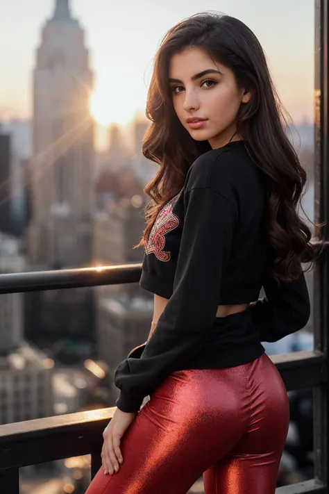 (Art Photography, Award Winning) (DV_Clarissa_Vicious is having fun in new york city wearing red sneakers, black leggings and a sweat shirt), by Steve McCurry, 35mm, F/2.8, ((Photo Focus, DOF, Aperture, insanely detailed and intricate, character, hypermaximalist, elegant, ornate, beautiful, exotic, revealing, appealing, attractive, amative, hyper realistic, super detailed, heresy flares))(DOF, blurry background, sunset background)Lens Flare, Heresy flare