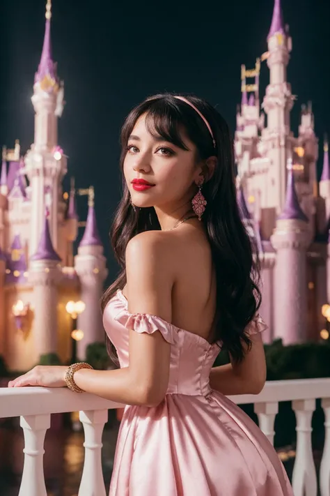 CINEMATIC SHOT DV_Rebecca_Vicious slim and skinny is a( disney princess in a pin satin dress:1.3) in front of a( pink castle:1.4), Sun in the background, a halo effect, lights and shadows on her body, lens flare (by Christopher Nolan:1.4)(35mm, F/2.8)
((Photo Focus, DOF, Aperture, Cinematic Color grading insanely detailed and intricate, character, hypermaximalist, elegant, ornate, beautiful, exotic, revealing, appealing, attractive, amative, hyper realistic, super detailed, trending on flickr)) SMILING (eyeliner and red lipstick)