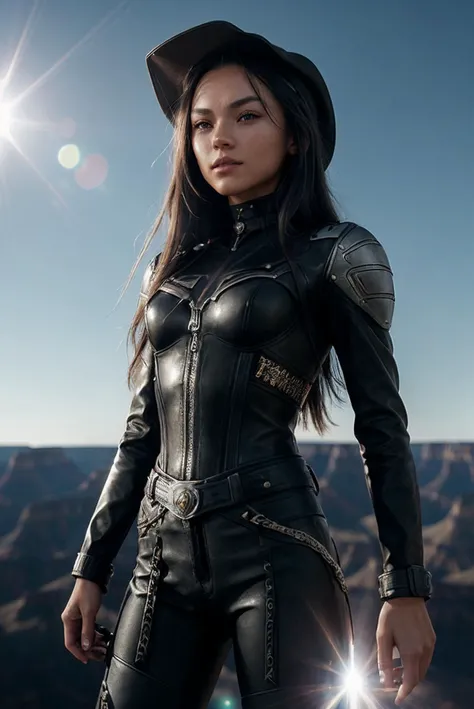 ((CINEMATIC SHOT)) (DV_Blue_Vicious on a motorbike on top of the (Grand Canyon:1.4)) (leather pants with tribal print, leather jacket, belt, boots and baseball hat) (Sun in the background, lights and shadows on her body, (lens flare, heresy flares:1.3))  (by Zack Snyder:1.4)(35mm, F/2.8) ((Photo Focus, DOF, Aperture, insanely detailed and intricate, character, hypermaximalist, elegant, ornate, beautiful, exotic, revealing, appealing, attractive, amative, hyper realistic, super detailed, trending on flickr))