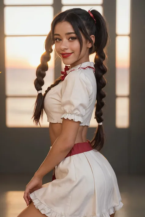 A beautiful hyperreal woman who represents Sailor Moon. Black hair, very big breasts, giant butt, tiny waist. Her face has Japanese anime features. Pigtails: she has long black hair that reaches approximately the middle of his back. Her distinctive hairstyle consists of two high, voluminous pigtails that extend up and out from the top of her head. Bows: At the base of each ponytail, she wears a large red bow that keeps her hair in place. Bangs: She has short, blunt bangs that frame her face and curve to the sides. Costume: A cheerleading uniform with vibrant colors is designed to catch the eye and energize the crowd. She has a small top and a skirt so small that it slightly covers her crotch. It's patted hard. she is in the locker room.