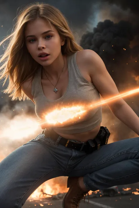 ((CINEMATIC ACTION SHOT)) close-up (shot by Michael Bay:1.4)(35mm, F/2.8) (DV_Stephanie_Vicious is a movie star, jeans, tank top, boots) (burning city) (explosions background, jumping from a burning building, lens flare) (insanely detailed and intricate, character, hypermaximalist, elegant, ornate, beautiful, exotic, revealing, appealing, attractive, amative, hyper realistic, super detailed, trending on flickr)(close-up) lens flare, destruction, halo, burn effects , mouth open