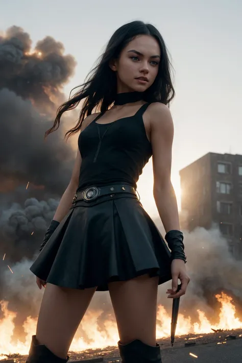 ((CINEMATIC ACTION SHOT)) close-up (shot by Michael Bay:1.4)(35mm, F/2.8) (DV_Blue_Vicious has black hair and (blue eyes:1.2), is a movie star, skirt, tank top, boots) (burning city) (explosions background, jumping from a burning building, lens flare) (insanely detailed and intricate, character, hypermaximalist, elegant, ornate, beautiful, exotic, revealing, appealing, attractive, amative, hyper realistic, super detailed, trending on flickr)(close-up) lens flare, destruction, halo, burn effects , scream, (heresey flare:1.1)