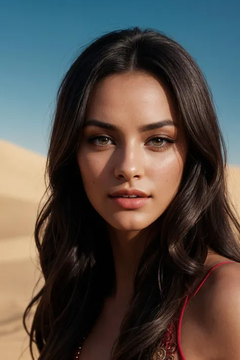 CINEMATIC SHOT, face close-up of a Sexy Supermodel slim and skinny with abs in the desert, red wide and long gown, Sun in the background, a halo effect, lights and shadows on her body, lens flare (by Christopher Nolan:1.4)(35mm, F/2.8)
((Photo Focus, DOF, Aperture, Cinematic Color grading insanely detailed and intricate, character, hypermaximalist, elegant, ornate, beautiful, exotic, revealing, appealing, attractive, amative, hyper realistic, super detailed, trending on flickr))
