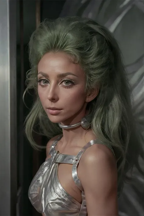 (close up:1.2) photorealistic photo of Shahnaap, a woman, green tinted hair, big hair, skinny body, skinny thighs, wearing a silver bikini outfit, metal collar, silver gloves, standing, looking at the camera, realistic, (masterpiece:1.1), (best quality:1.1), beautiful, (intricate details), unity 8k wallpaper, ultra detailed, aesthetic, perfect lighting,   <lora:Shahnaap_V1-000008:0.8>