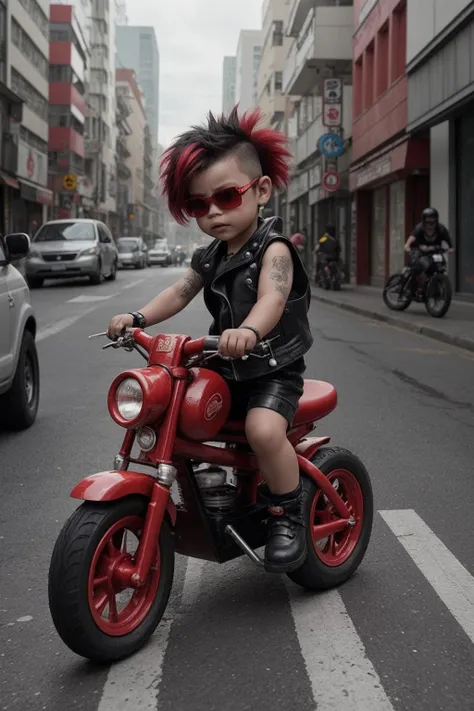 a cute tough toddler riding a red cyberpunk tricycle::1. 2, toddler has an aggressive attitude with an angry facial expression and a punkrock mohawk hairdo and wearing a leather vest, busy city street with traffic, tricycle has three wheels, --no helmet, sunglasses