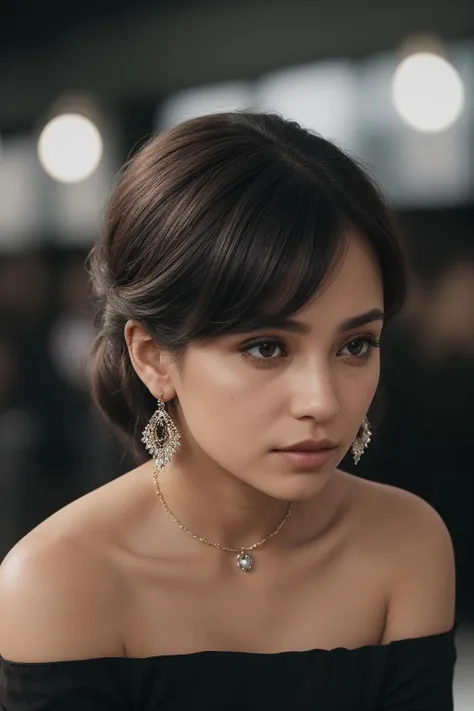 A close-up shot of a woman with a pensive expression, wearing a dark, off-the-shoulder dress and a single, statement piece of jewelry, The background should be out of focus and feature soft, warm tone