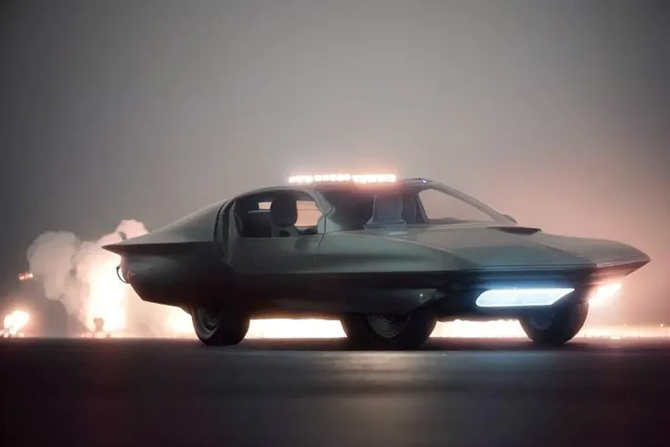 analog gloomy photo of a GM Firebird 4 car, <lora:gmf1r3b1rd4:1>, (rear view), (escaping the city (at night)), apocalyptic urban street in the background, fire and smoke, explosions in the back, ((nighttime)), High Detail, Sharp focus, ((photorealism)), realistic, best quality, 8k, award winning, dramatic lighting, epic, cinematic, masterpiece, depth of field, dutch angle, volumetric lights, ambient fog:1.3,