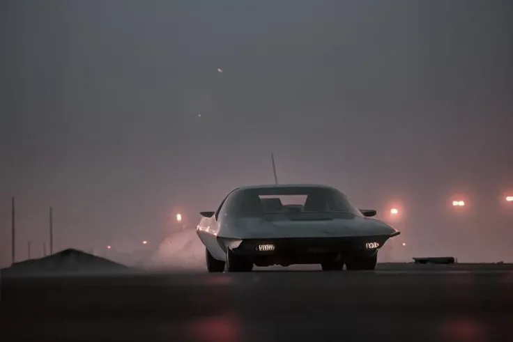 analog gloomy photo of a GM Firebird 4 car, <lora:gmf1r3b1rd4:1>, (escaping the city (at night)), apocalyptic urban street in the background, fire and smoke, explosions in the back, ((nighttime)), High Detail, Sharp focus, ((photorealism)), realistic, best quality, 8k, award winning, dramatic lighting, epic, cinematic, masterpiece, depth of field, dutch angle, volumetric lights, ambient fog:1.3,