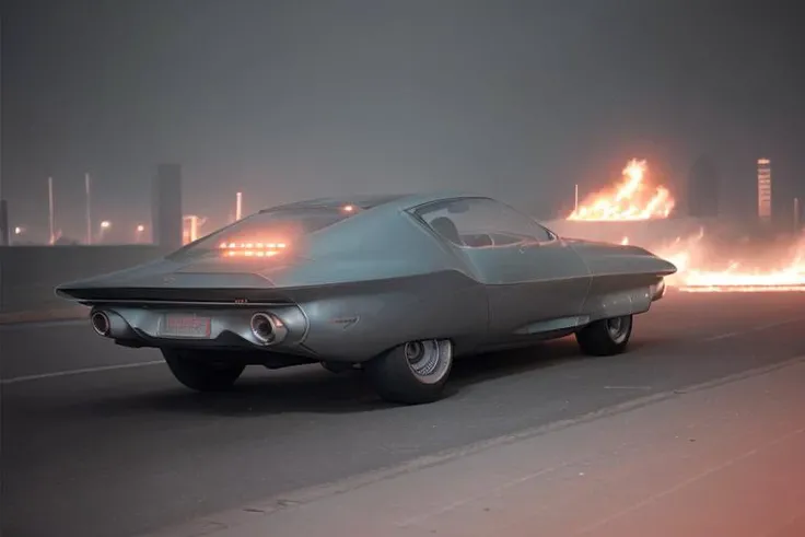 analog gloomy photo of a GM Firebird 4 car, <lora:gmf1r3b1rd4:1>, (escaping the city (at night)), apocalyptic urban street in the background, fire and smoke, explosions in the back, ((nighttime)), High Detail, Sharp focus, ((photorealism)), realistic, best quality, 8k, award winning, dramatic lighting, epic, cinematic, masterpiece, depth of field, dutch angle, volumetric lights, ambient fog:1.3,