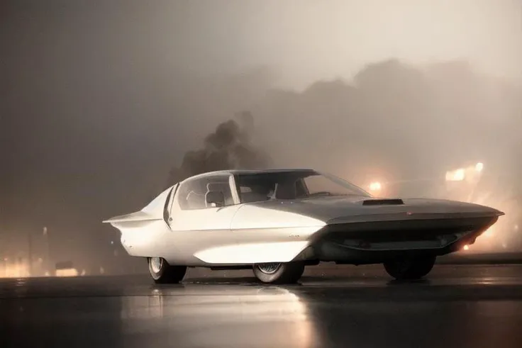 analog gloomy photo of a GM Firebird 4 car, <lora:gmf1r3b1rd4:1>, (escaping the city (at night)), apocalyptic urban street in the background, fire and smoke, explosions in the back, ((nighttime)), High Detail, Sharp focus, ((photorealism)), realistic, best quality, 8k, award winning, dramatic lighting, epic, cinematic, masterpiece, depth of field, dutch angle, volumetric lights, ambient fog:1.3,