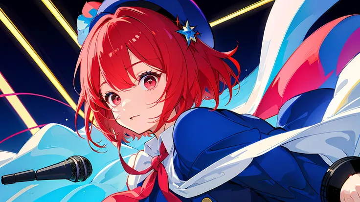 masterpiece, best quality, cute anime girl, arima kana, big round eyes, vibrant red hair, innocent face, wearing a small blue beret on the side of her head, dark pink eyes, curious face, ((short hair)), <lora:arimaKanaOshiNoKo_kanaDiffusionMixV3:1>, ((concert, microphone, stage, lights, beatifull detailed glow, high res))