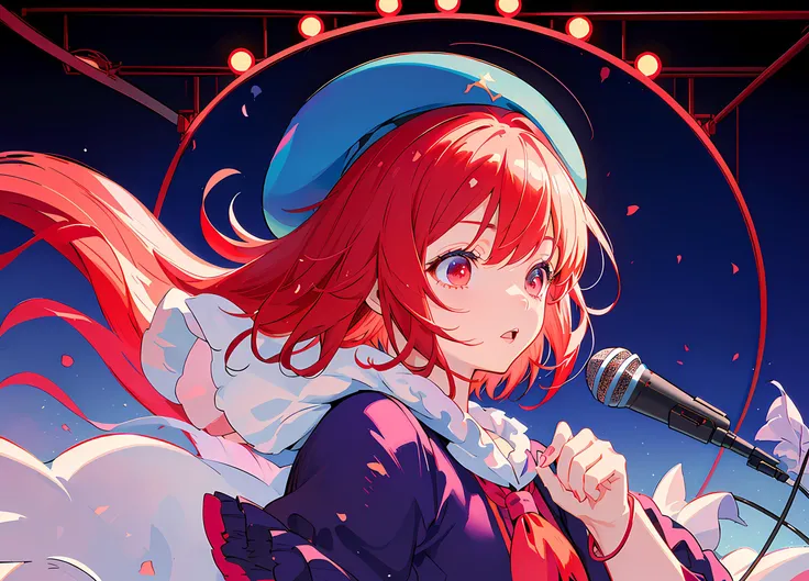 masterpiece, best quality, cute anime girl, arima kana, big round eyes, vibrant red hair, innocent face, ((wearing a small blue beret on the side of her head)), dark pink eyes, curious face, ((short hair)), <lora:arimaKanaOshiNoKo_kanaDiffusionMixV3:1>, ((concert, microphone, stage, lights, beatifull detailed glow, high res, detailed background))