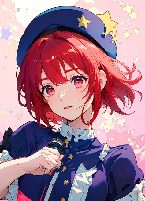 masterpiece, best quality, cute anime girl, arima kana, big round eyes, vibrant red hair, innocent face, ((wearing a small blue beret on the side of her head)), dark pink eyes, curious face, ((short hair)), <lora:arimaKanaOshiNoKo_kanaDiffusionMixV3:1>, ((concert:1, microphone, stage, lights, beatifull detailed glow, high res, detailed background, standing, stars, sky))