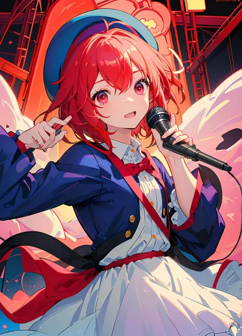 masterpiece, best quality, cute anime girl, arima kana, big round eyes, vibrant red hair, innocent face, ((wearing a small blue beret on the side of her head)), dark pink eyes, curious face, ((short hair)), <lora:arimaKanaOshiNoKo_kanaDiffusionMixV3:1>, ((concert, microphone, stage, lights, beatifull detailed glow, high res, detailed background, firefly, dynamic angle))