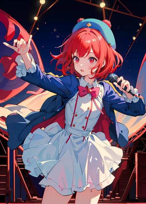 masterpiece, best quality, cute anime girl, arima kana, big round eyes, vibrant red hair, innocent face, ((wearing a small blue beret on the side of her head)), dark pink eyes, curious face, ((short hair)), <lora:arimaKanaOshiNoKo_kanaDiffusionMixV3:1>, ((concert:1, microphone, stage, lights, beatifull detailed glow, high res, detailed background, standing, stars, sky))