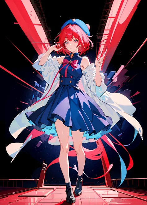 masterpiece, best quality, cute anime girl, arima kana, big round eyes, vibrant red hair, innocent face, ((wearing a small blue beret on the side of her head)), dark pink eyes, curious face, ((short hair)), <lora:arimaKanaOshiNoKo_kanaDiffusionMixV3:1>, ((concert:1, microphone, stage, lights, beatifull detailed glow, high res, detailed background, standing, stars, sky, full body, illustration))