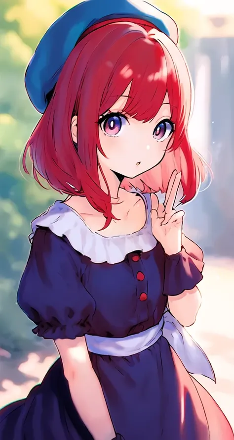 masterpiece, best quality, cute anime girl, arima kana, big round eyes, vibrant red hair, innocent face, wearing a small blue beret on the side of her head, dark pink eyes, curious face <lora:kanaV2_LoRA128:1>
