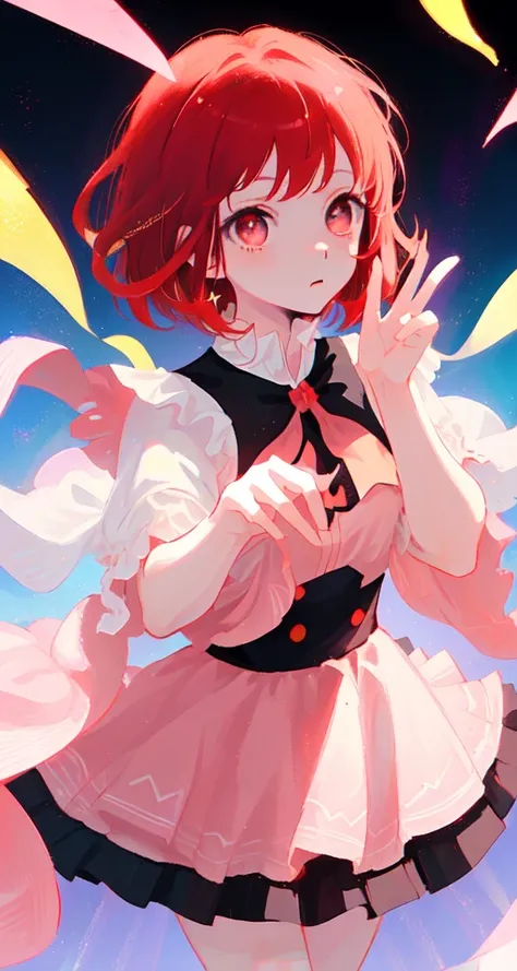 masterpiece, best quality, cute anime girl, arima kana, idol, big round eyes, vibrant gradient red hair, short hair, innocent face, wearing an idol dress, on stage, dark pink eyes, curious face <lora:kanaMixV3_LoRA128:1>