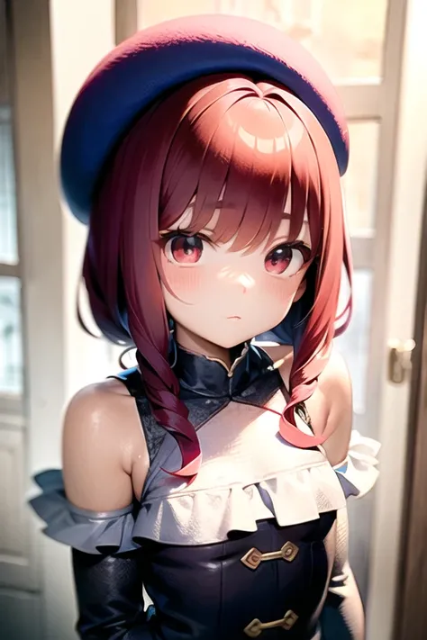 ((masterpiece)), best quality, cute anime girl <lora:kanaMixV3_LoRA128:1> arima kana, big round eyes, vibrant red hair, innocent face, wearing a small blue beret on the side of her head, dark pink eyes, curious face,