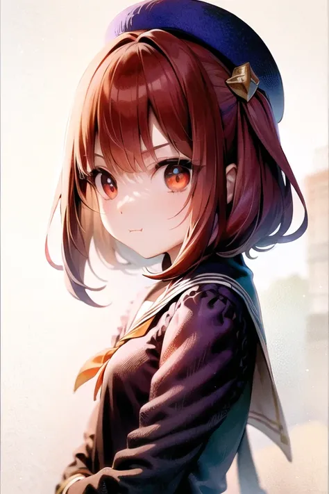 ((masterpiece)), best quality, cute anime girl arima kana, big round eyes, vibrant red hair, innocent face, wearing a small blue beret on the side of her head, dark pink eyes, curious face, <lora:kanaMixV3_LoRA128:1> <lora:kawaiipouts_:1> pouting