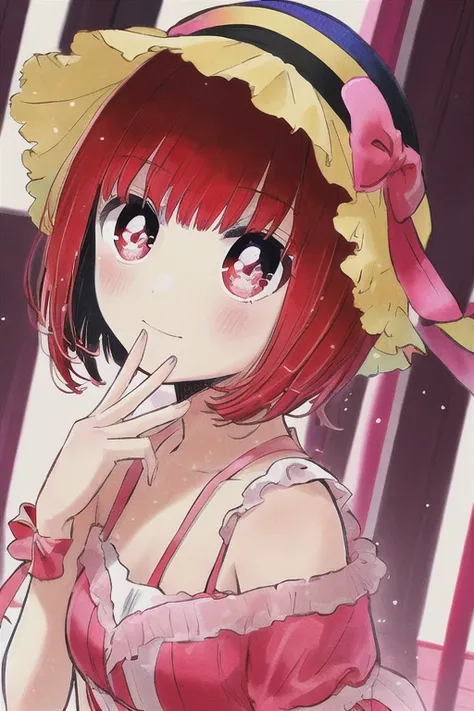 masterpiece, best quality, ultra-detailed, illustration, upper body, (arima kana:1.4), anime girl, big round eyes, innocent face, dark pink eyes, dark red hair, curious face, idol