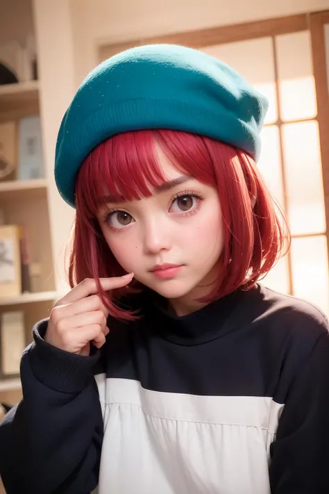 masterpiece, best quality,arima kana, big round eyes, vibrant red hair, innocent face, wearing a small blue beret on the side of her head, dark pink eyes, curious face